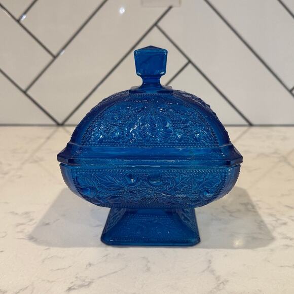 Vintage Jeanette Pressed Glass Footed Candy Dish Acorn Oak Leaf trinket dish - Picture 4 of 12